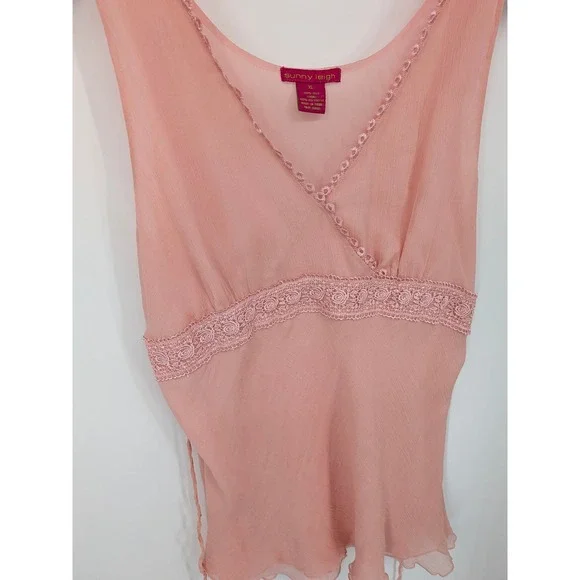 Y2K Silk Tank Top Lace Trim Womens XL Pink Soft Pastel Fairycore Ballet Coquette - Picture 2 of 8